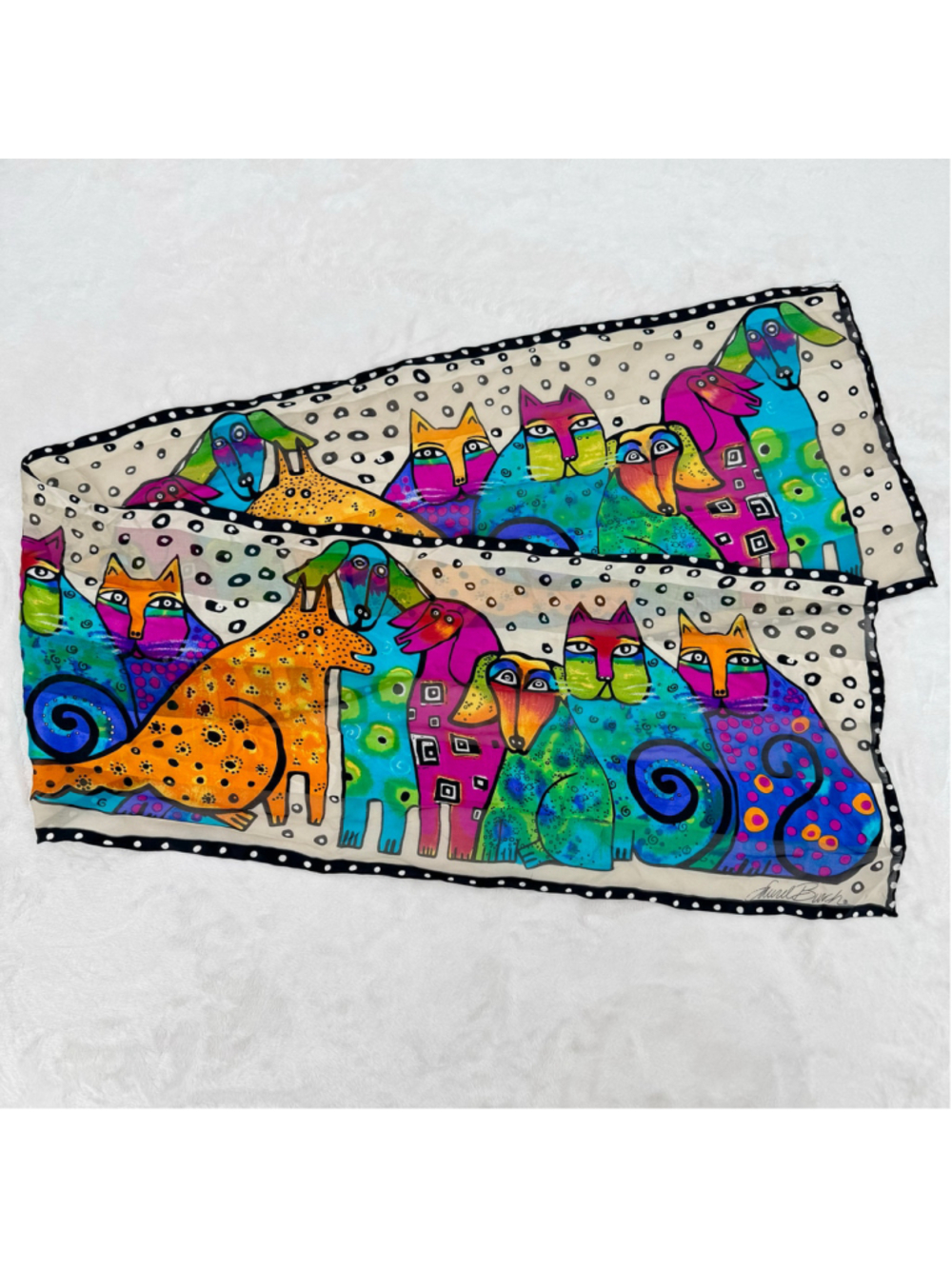 Laurel Burch Silk Scarf Dogs Cats Whimsical Polka Dot Vintage Art to Wear